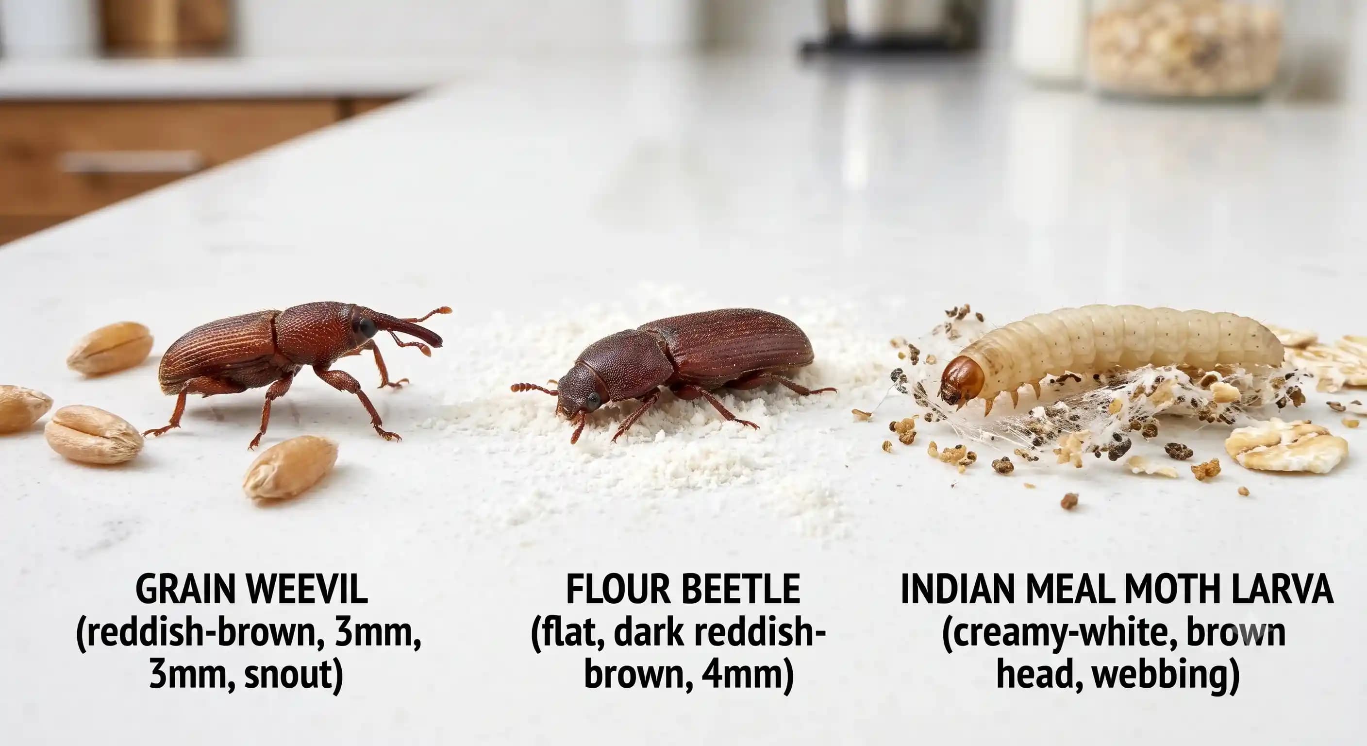 Pantry bug identification: grain weevils, flour beetles, Indian meal moth larvae Tiny pantry bug identification chart — grain weevils, flour beetles, and Indian meal moth larvae found in kitchen cupboards