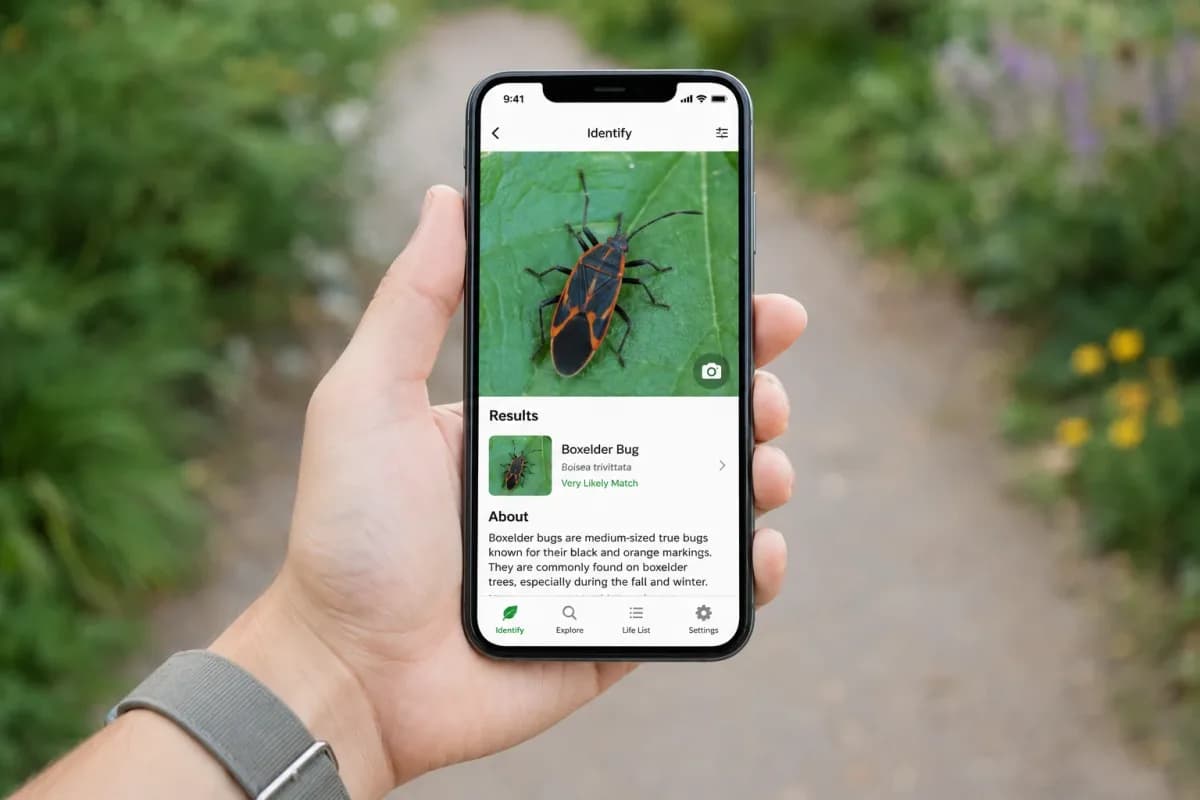 A smartphone displaying a bug identifier app result, illustrating the best bug identification apps for Android and iPhone.