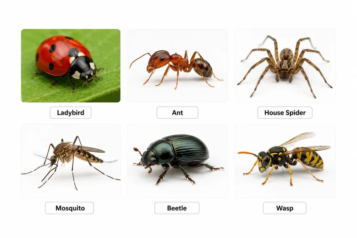A grid of common bug photos including a ladybird, ant, spider, mosquito, beetle, and wasp, from the ScanaBug photo gallery.