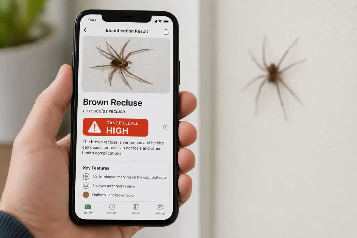 A smartphone showing a spider identification result with a danger rating, illustrating what a useful spider ID app should include.