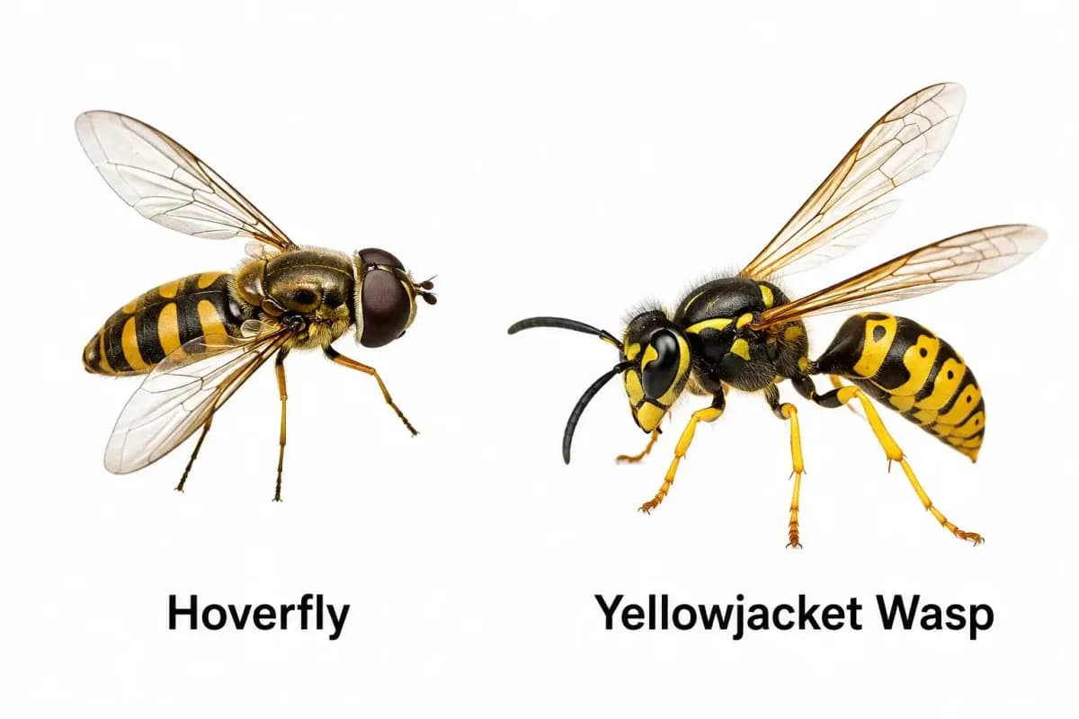 A hoverfly and a wasp shown side by side, illustrating commonly misidentified insects.
