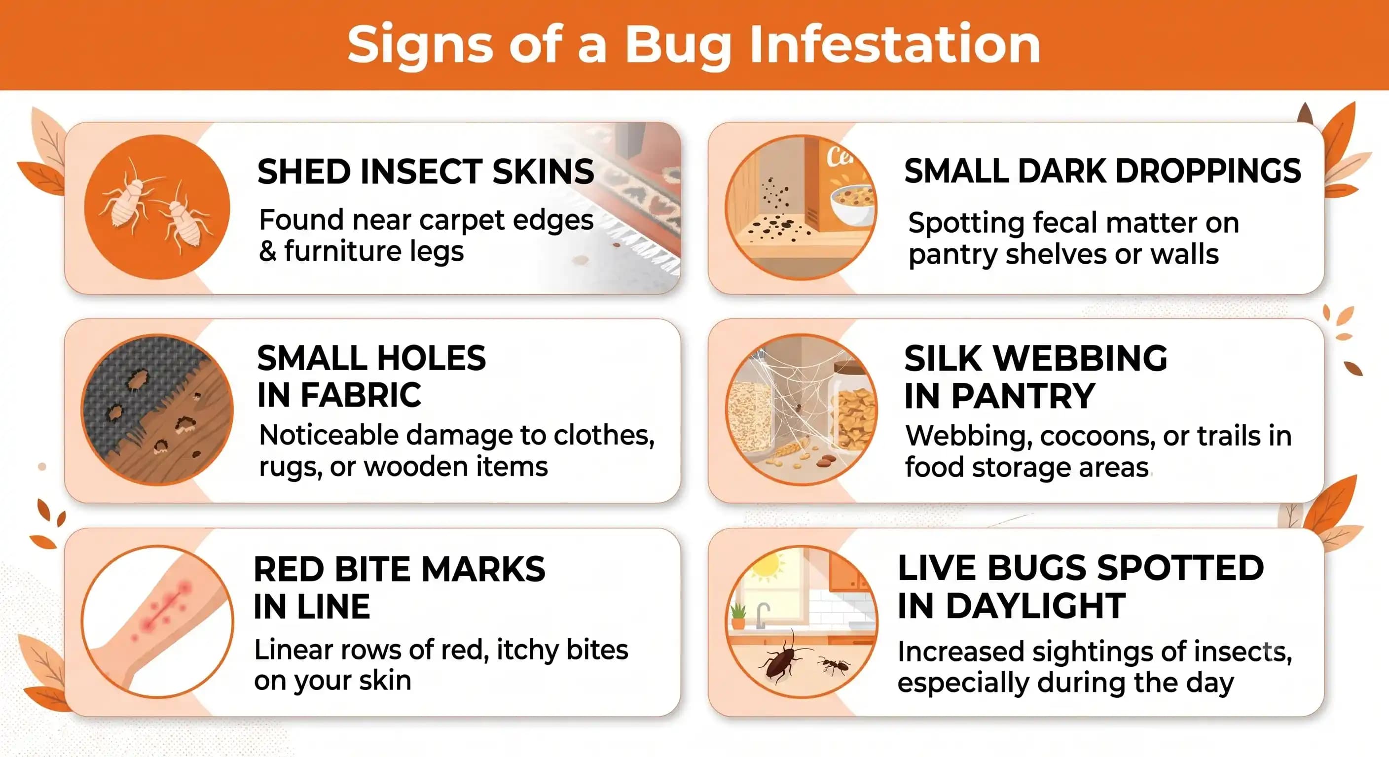 Signs of a bug infestation checklist Six signs of a bug infestation — shed skins, droppings, holes in fabric, silk webbing, bite marks in a line, and bugs seen in daylight