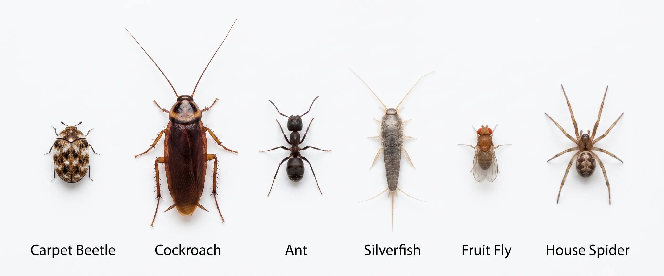 Common household bug types identified by size and species Common types of household bugs compared side by side — carpet beetle, cockroach, ant, silverfish, fruit fly, and house spider